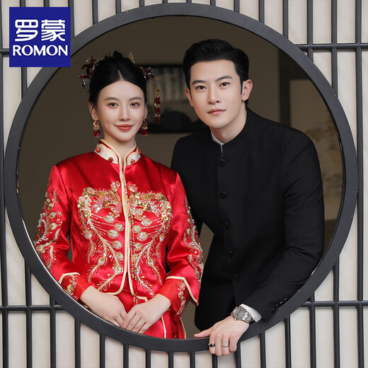 罗蒙（ROMON）新中式立领中山装西服套装男士国风新郎结婚订婚礼服西服修身西装 黑色（西装+衬衫+西裤） 2XL /54【135-150斤穿】