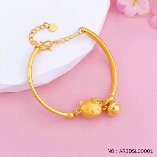 RSRDDY gold Hello Kitty bracelet 999KT cat bell bracelet adjustable half bracelet for girlfriend KT cat bracelet same style as Old Phoenix 5.16g