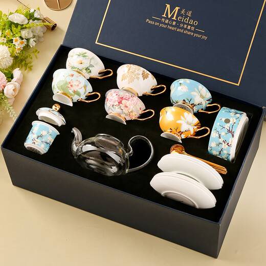 Heart-decorated garden, beautiful way, beautiful flower teapot, candle, heated teapot, teapot, afternoon tea tea set, glass health pot (6 cups and saucers + magnolia yellow flower teapot), red gift box, blooming flowers + bird stand