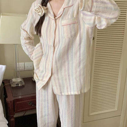 猫人（MiiOW）纯棉纱布睡衣女春秋季长袖棉绸甜美油画感条纹休闲云朵棉家居服套 QMS长袖开衫-9902彩虹条纹 80-100斤 M