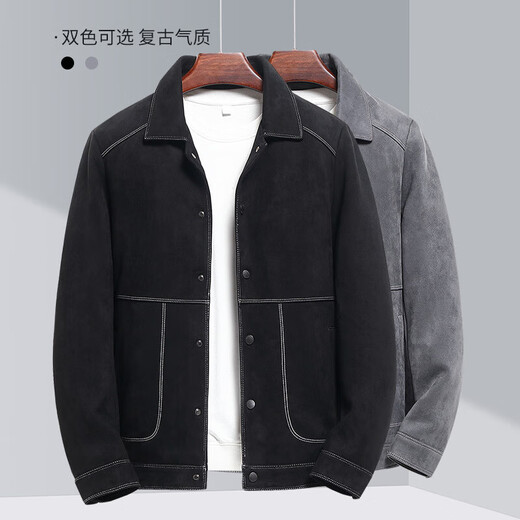 UOSO Men's Jacket Jacket Men's Short Faux Suede Casual Jacket Fashion Trend Loose Lapel Jacket Men A2J196326 Gray L 175 (Suitable for 135-150 Jin Jin equals 0.5 kg)