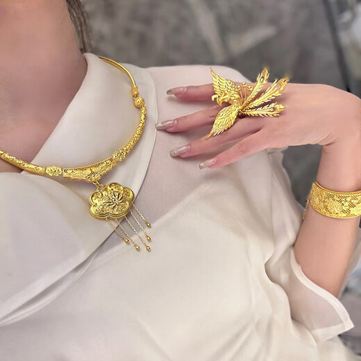 Best Qichang Gold Phoenix Ring Wedding Three Gold Hardware 999 Pure Gold Wedding Set Gift Wedding Set for Wife Gift Phoenix Ring About 32g
