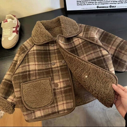 Yuanyou lingjiage abrigo de doble fila ~ abrigo de invierno para bebés engrosados para bebés y solapas de niñas más terciopelo algodón de algodón doble, color marrón que coincide 90