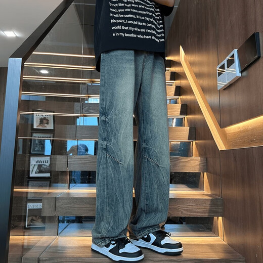 竹节纹针缝牛仔裤男夏季美式复古vibe高街微喇裤宽松直筒痞帅长裤 浅蓝688-DDD M