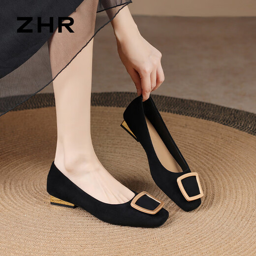 ZHR Single Shoes weiblich elegant intellektuell flachem Mund Dicke Fersenschuhe Pendelstil Square Head Boat Schuhe Frauen BL527 Schwarz 37