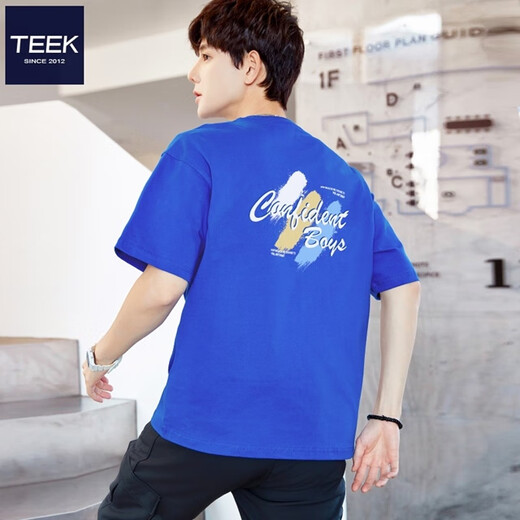 Camiseta de manga corta de cuello redondo en el color Top de algodón puro para hombres 2025 Moda de verano Moda de moda Moda impresa KS1699 Klein Blue L (estilo suelto)
