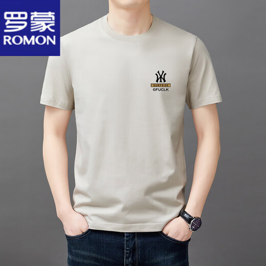 罗蒙（ROMON）男士短袖t恤纯棉圆领半袖上衣2025夏季薄款休闲时尚凉感体恤衫男 短袖YW9929军绿 M 165建议90-120斤