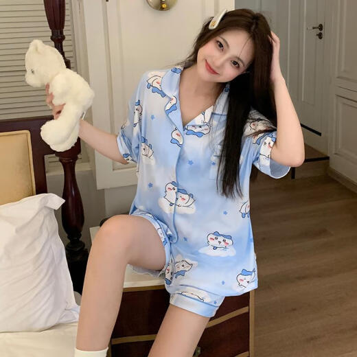 El pijama jiikawa de estilo japonés poco profundo para mujeres en pantalones cortos de primavera y otoño pantalones de tres piezas Estudiante de tres piezas Linda ropa de hogar de dibujos animados 14118# Green Polka Dog Juego de tres piezas Shorts de manga corta M 75-100Jin [Jin equivale a 0.5 kg]