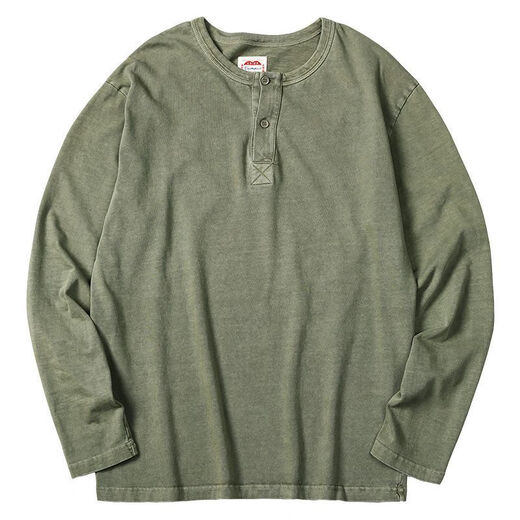 Western Camel (VANCAMEL) American retro distressed Henry shirt men's spring and autumn large size 300 Jin Jin equals 0.5 kg Heavy cotton American casual long-sleeved bottoming T-shirt Black Recommended 115-145 Jin Jin equals 0.5 kg XL