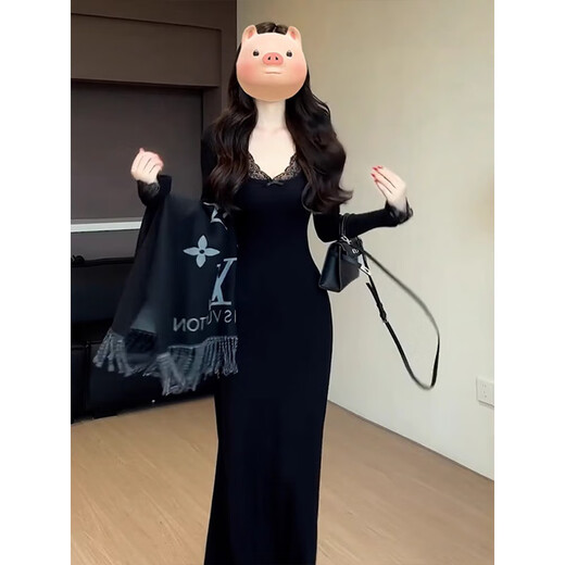 Hao'e early autumn black dress Hepburn style v-neck knitted skirt advanced 2025 with coat inner bottoming hip-covering long skirt V-neck knitted dress black L