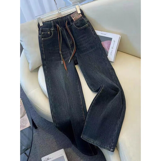 Zhang Fanyu elastic waist jeans for women in spring, autumn and winter 2024 new high-waist loose straight pants casual large size narrow wide-leg pants 1283 dark blue plus velvet thickened S 80-95