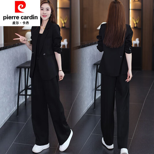 Pierre Cardin Early Spring Casual Suit Women's 2026 Spring and Autumn New Korean Style Professional Suit Jacket Wide Leg Pants Two-piece Set Black 3XL (Recommended 145-155 Jin Jin equals 0.5 kg)