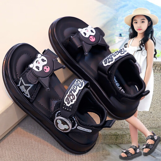 Hongxing Tong Brand Código roto Sandalias Kulomi para niñas 2025 Nuevo primavera y verano Soft Sole No Slip Girl Princess Soft Sole Sodekers NB655 Black Size 26
