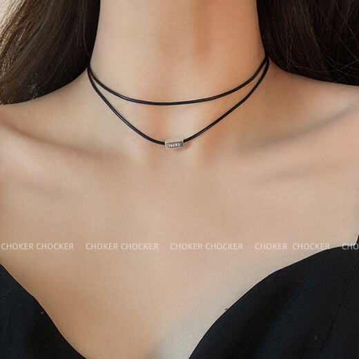 ROSENA SAMMI Sun Qiantong necklace lucky double-layer black leather rope neck strap female choker necklace clavicle chain niche design lucky square collar