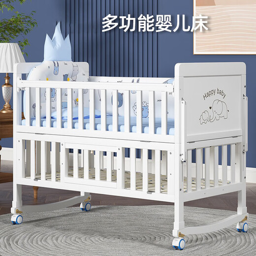看宝贝（lookbaby）婴儿床多功能床实木可拼接床可移动 大床|蚊账+棕垫+大蓝鲸五件套