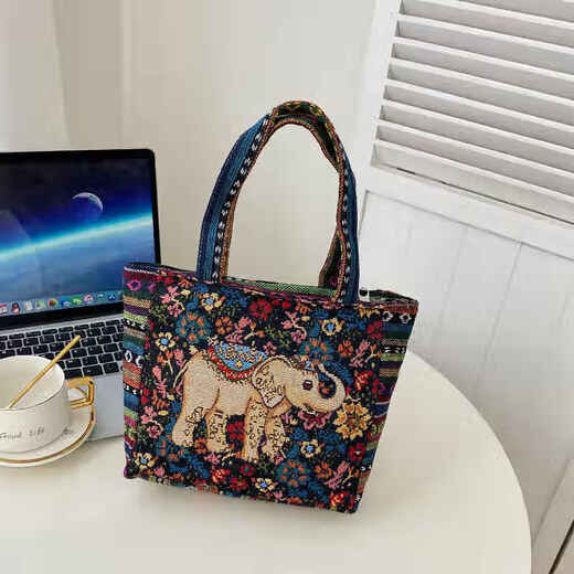 Bags for women, ethnic style embroidered handbags, literary retro shoulder bags, large-capacity embroidered handbags, tote bags, Elephant in the Sea of Flowers/