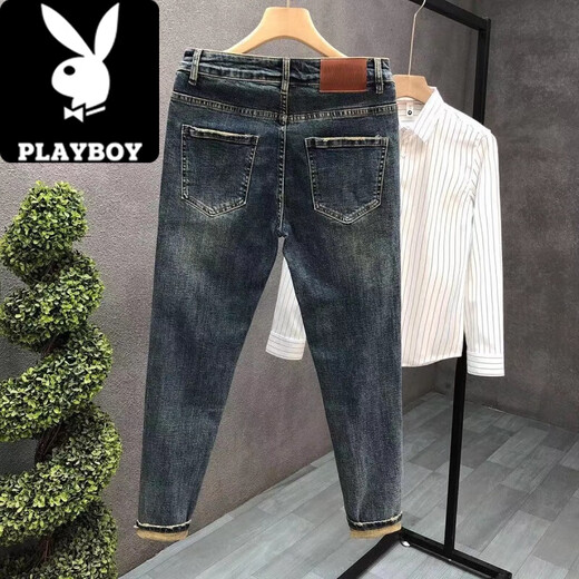 花花公子（PLAYBOY）复古做旧破洞牛仔裤男潮牌痞帅修身小脚弹力九分裤2025夏季男裤子 JBC#K761高质量 30