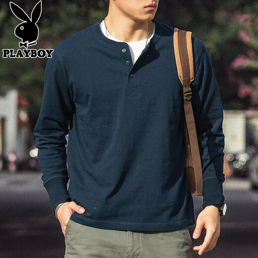 Playboy American Retro Henley Long Sleeve T-Shirt Men's 2025 Spring 250g Pure Cotton Side Seamless Henley Collar Bottoming Shirt Denim Blue 250g Pure Cotton 2XL Reference 170-195Jin Jin is equal to 0.5 kg
