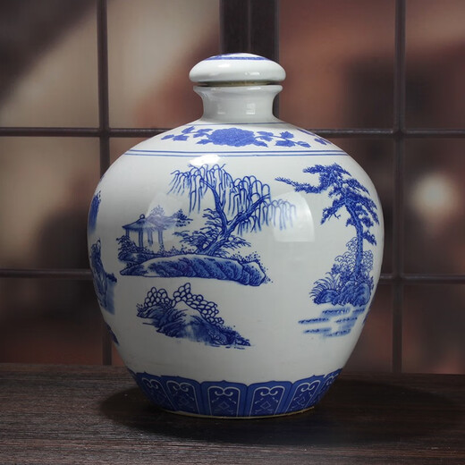 Xindeheng 5 Jin Jin is equal to 0.5 kg, blue and white porcelain, Jingdezhen ceramic wine bottles, wine jars, white wine bottles, empty bottles, wine bottles and jars, antique local pottery, 10 Jin Jin is equal to 0.5 kg, blue and white landscapes + wine cloth tassel sealing film