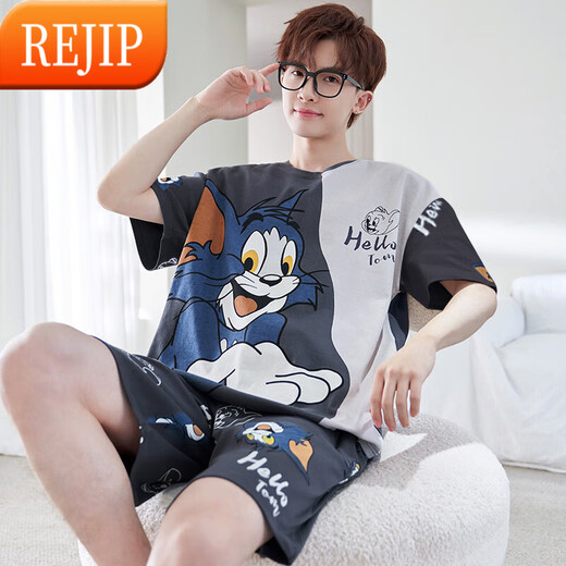 REJIP男士睡衣短袖春夏天季薄款卡通青少年可外穿男款加大码家居服套装 6621 2XL 160-180斤