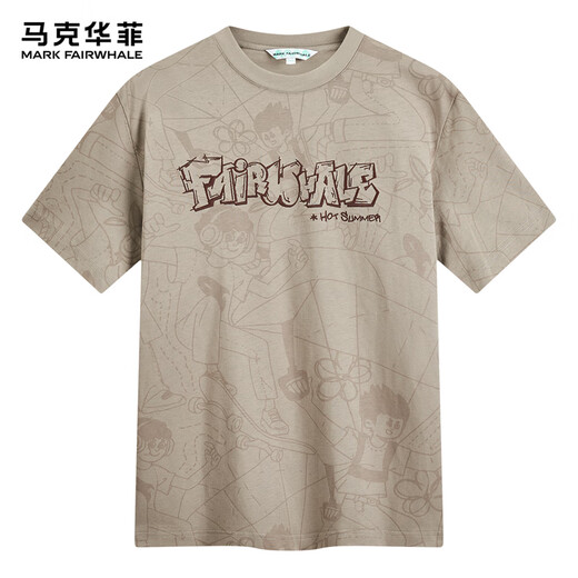Mark Huafei [7A Antibakteriell + 2a Anti-Mititen] Rundes T-Shirt mit kurzer Ärmel für Männer 25 Frühlings- und Sommer-Coton-Fashion-Cartoon vollgedrucktes T-Shirt 701 Khaki 2xl
