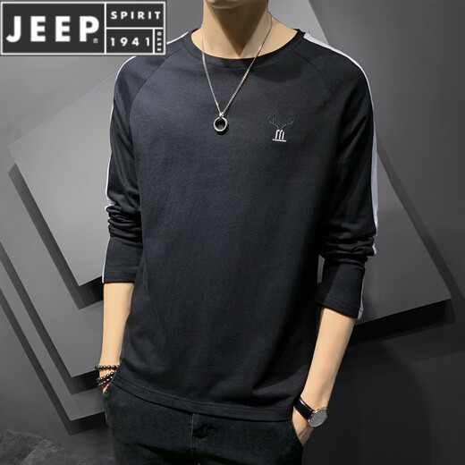 Jeep Spirit Herren-Langarm-T-Shirt-Frühling und Herbst neue Basishemd Trendy Lose und vielseitiger runder Nackenpullover lässig Top DS692 Aprikosen M (ca. 90-110 Jin [Jin Equals Equals Equals Equals) kann getragen werden)