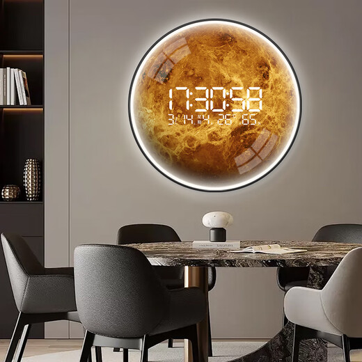 Kleine Gemälde Uhr High-End-Sense kreisförmiger Mond Esszimmer Hänge elektronische Uhr Wanduhr Wohnzimmer 2025 Neue Style-Eingang Dekorative Maluhr ZP3893 [LED Digital Display Screen-Can immer eingestellt werden] 47 Zoll 120*120 cm [elektrisches Modell mit Lichtern]