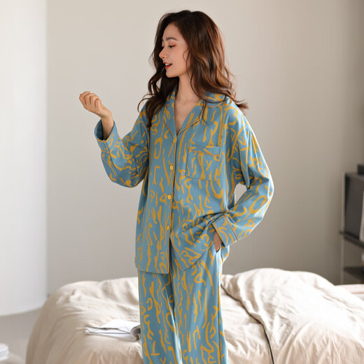 Yalu Pyjamas für Frauen im Frühjahr und Herbst 2025 Neues reines Baumwollpyjamas für Frauen im Sommer Revers Home Clothing Set große Größe für Außenabschlüsse Nsalm-QZ9227 M [Empfohlen 80-100jin [Jin gleich 0,5 kg]]]