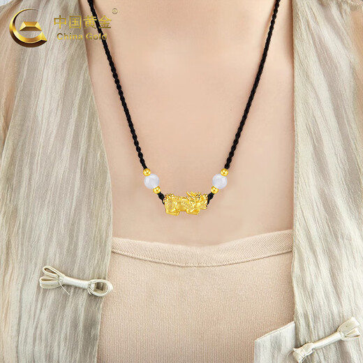 CHINA GOLD 18K gold necklace for women, three-dimensional and versatile, classic Pixiu pendant, Valentine's Day birthday gift for girlfriend and lover, 18K Pixiu necklace, black rope