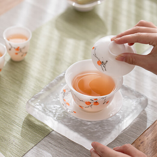 SUSHI CERAMICS ice jade porcelain tea bowl hand-painted underglaze colored persimmon persimmon Ruyi Sancai covered bowl two teacups tea set gift box