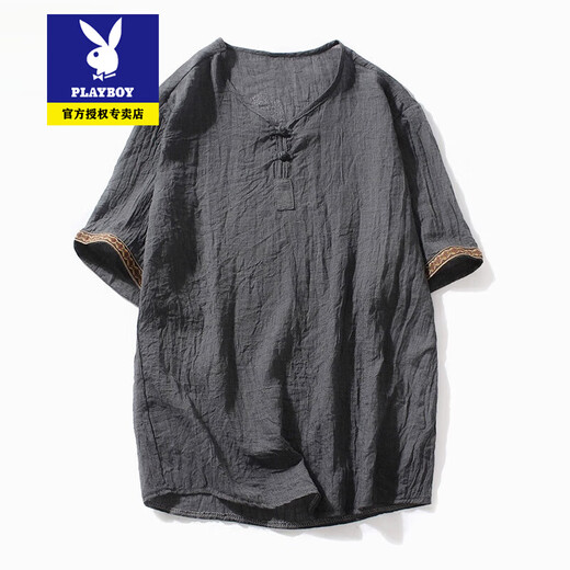 
Playboy Tang suit men short-sleeved men summer thin youth Chinese style retro buckle half-sleeved T-shirt Chinese style ancient style men's clothing 686 green M Reference 85-100Jin [Jin equals 0.5 kg]