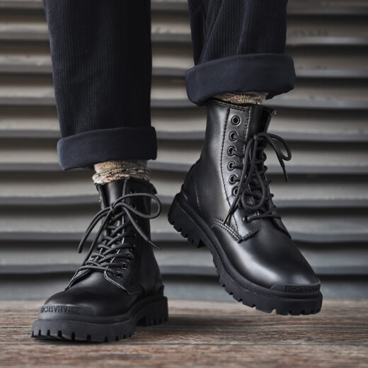 Jingmai [Cowhide] Martin Boots Zapatos de cuero alto de los hombres Ropa de trabajo de estilo mediano British Motorcycle Negro y otoño Autumable Atendy Trendy Lace-Up [Spring and Summer Style] 43 Código estándar