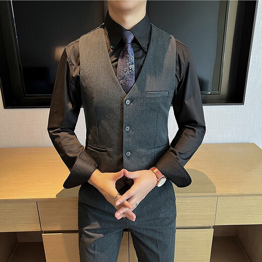
Ayou fat big size suit men's business formal suit groom best man wedding two-piece suit black single vest M