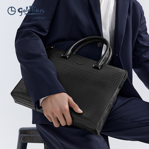 
Jinlilai official flagship men's bag genuine leather large capacity handbag new business bag men's crocodile pattern cowhide briefcase black large bag 13 inches