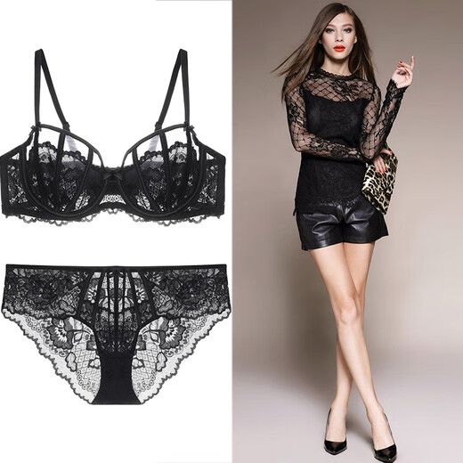 Victoria Palace sexy lace bra large size hollow half cup underwear ultra-thin breathable slimming bra push-up comfortable bra set skin color 80C default L size underwear