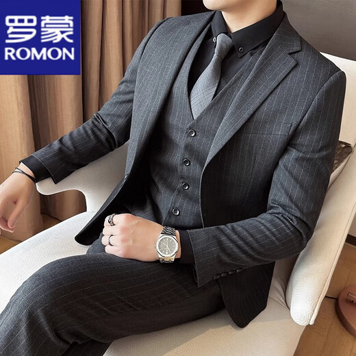 ROMON Striped Suit Men's 2025 Three-piece Slim Groom Wedding Dress Professional Formal Small Suit Jacket Men 1920 Black Suit Jacket M 170 Recommendation 105-120 Jin Jin equals 0.5 kg