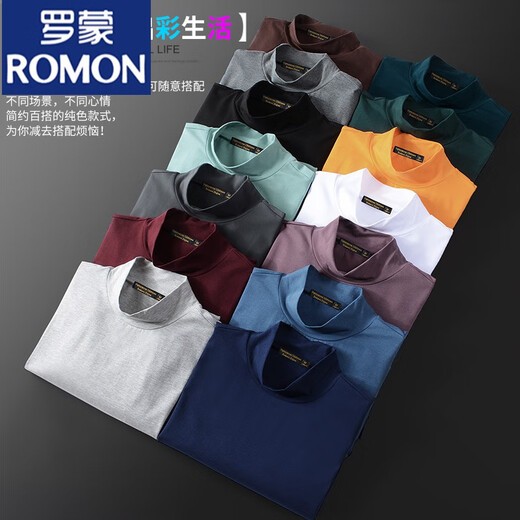 ROMON Modal half turtleneck long-sleeved T-shirt for men in autumn and winter plus velvet warm bottoming shirt with mid-collar autumn coat for men Modal-Black XL 135~150Jin Jin is equal to 0.5kg Slim fit
