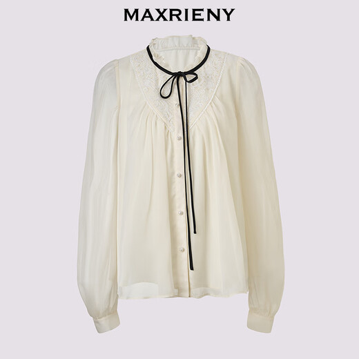 MAXRIENY French embroidered collar bow tie shirt slim fit top for women in white M