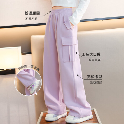 OVE girls' pants spring and autumn wide-leg pants 2025 new big children's casual pants spring autumn and winter plus velvet overalls 15168 purple + 15052 brown color [two pieces] 170 cm