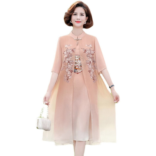 Pierre CARDIN (PIERRE CARDIN) Fat mother summer cheongsam dress summer chiffon skirt large size 2025 new middle-aged women's summer style 6628 pink lotus root powder XL recommended 115 Jin [Jin equals 0.5 kg]
