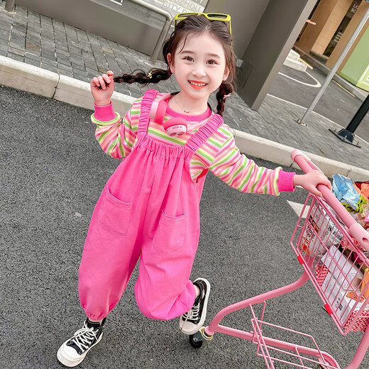 
Beautiful children's spring overalls suit 2025 new children's spring and autumn clothes striped casual baby girl Korean version two-piece set picture color 140
