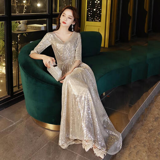 Yimimei champagne color Xi mother-in-law spring and summer style mother-in-law mid-length skirt can usually be worn at weddings and high-end mother-in-law dresses. Champagne gold long skirt length 138 SS (recommended 90-100 Jin Jin is equal to 0.5 kg) one size fits all