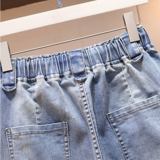 简方位高腰弹力牛仔七分裤短裤女夏季宽松韩版显瘦休闲哈伦马裤 浅蓝牛仔短裤9893# 均码 s