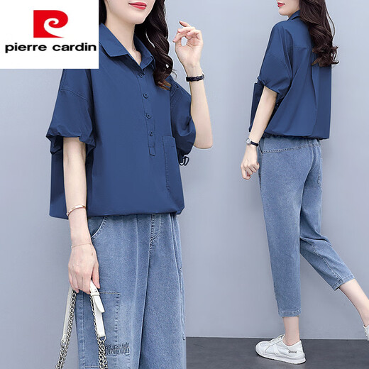 Pierre Cardin Versión europea Camisa Mujeres 2025 Summer Nuevo juego de camisetas de manga corta Top con traje de jeans 2 1429 White 2xl Women's Clothing 2022 New Set/Women's Summer Clothing