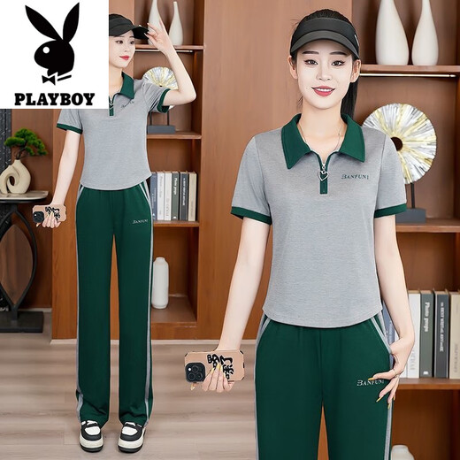 花花公子（PLAYBOY）休闲运动套装女夏季2025新款女士洋气减龄短袖阔腿裤跑步服两件套 黑色【两件套】-旗舰款 M 【建议95斤以内】