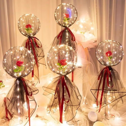 Magic Bean Shenghuo Chinese Valentine's Day Internet Celebrity Rose Balloon Glowing Balloon Proposal Indoor Scene Layout Bobo Ball Birthday Confession Romance Pink Rose Petals with Gauze Style 6 Sets Free Pump + Battery