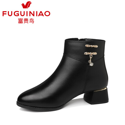 Fuguiniao short boots women's genuine leather mother's shoes autumn and winter plus suede leather shoes Martin boots black short velvet heel 4cm 38