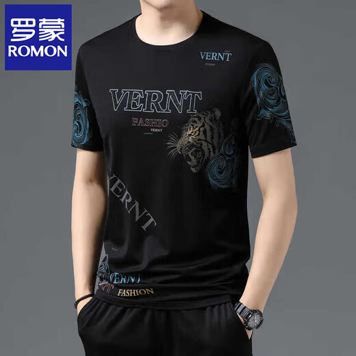 
ROMON (ROMON) mulberry silkworm. Silk short-sleeved T-shirt for men in summer new ice silk middle-aged and elderly men round neck printing trendy thin half-sleeved body Pure white 733 L 170 [recommended 120-135 Jin [Jin equals 0.5 kg]]