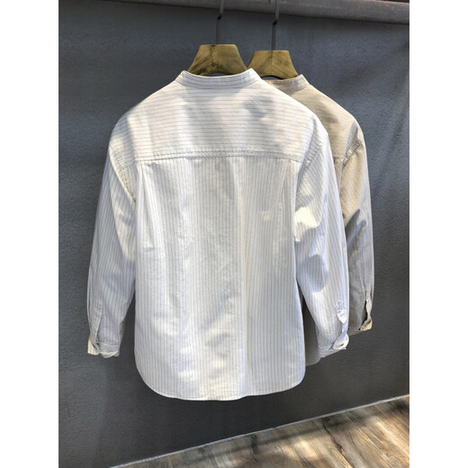 GUANGAN AEPE pure cotton comfortable high-end light mature Henry collar striped long-sleeved shirt men's spring and autumn American retro casual shirt white light business temperament pure cotton loose version L 125-140Jin Jin equals 0.5 kg