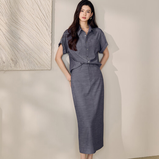 ROEYSHOUSE LOI casual retro shirt suit 2025 summer new fashion solid color top skirt two-piece set 12398 denim blue M
